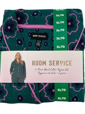 Room Service Women's Green Pyjamas Set | 2 Piece Set | Geometric | Various Sizes